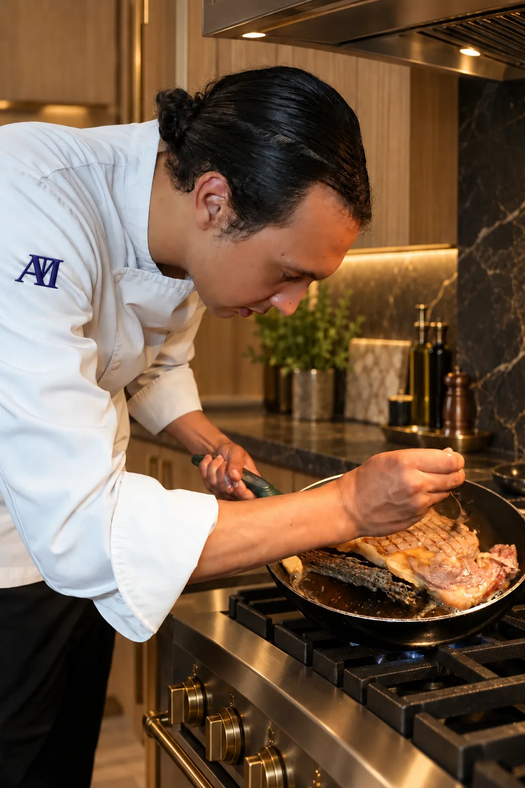 Mathias Aubert, private chef — Basting the duck breast
